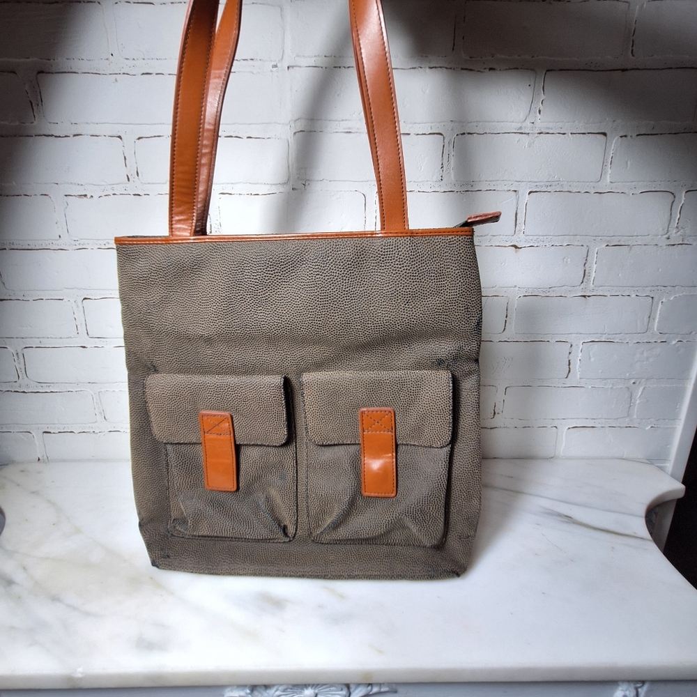 MaggiB Faux Leather Vegan Green & Brown Shoulder Tote Bag
